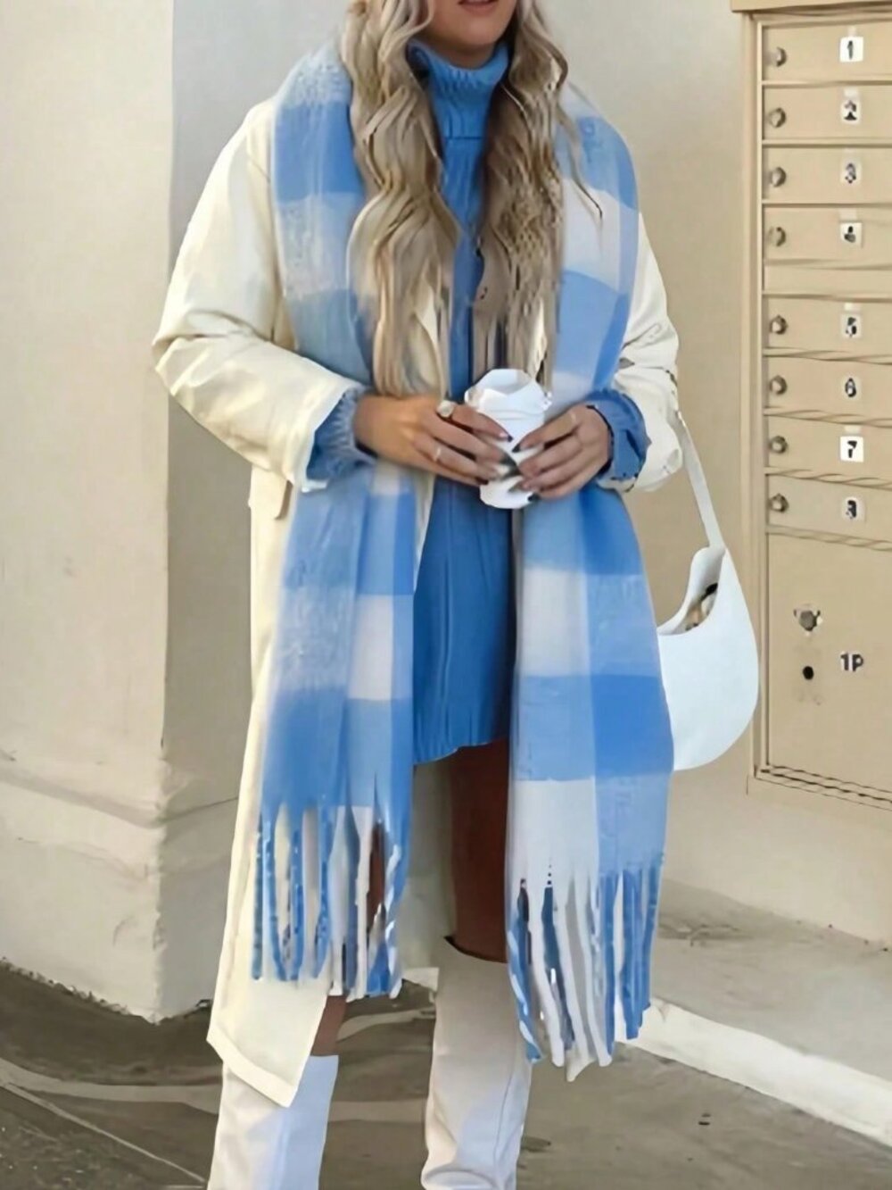 Warm Colorful Women's plaid Fuzzy Warm tassel Shawl scarf